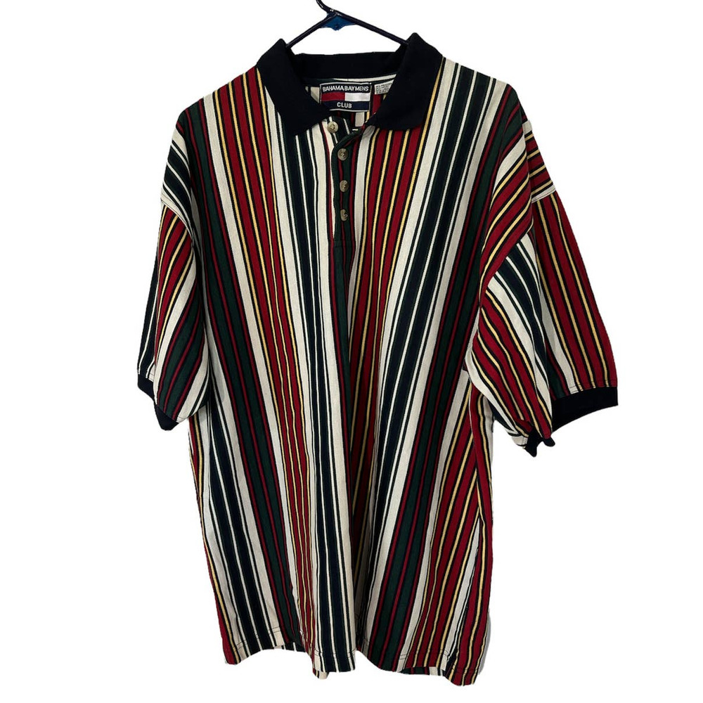 New Bahama Bay Club Short Sleeve Polo Shirt in Red Multicolored Stripes, Sz. XL
